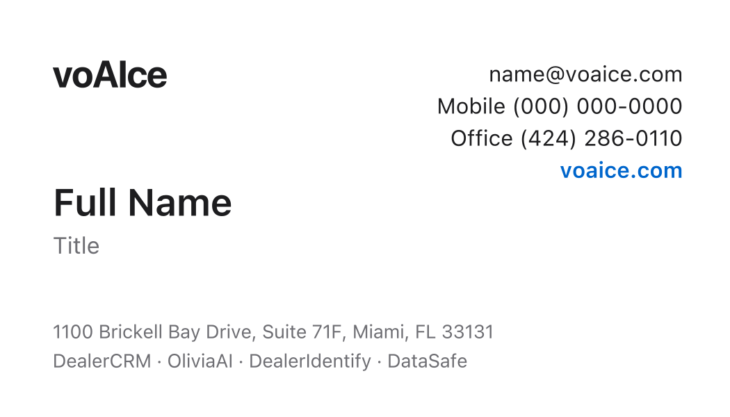 Business card back: name, title, email, mobile, office number, voaice.com, Miami address and product names