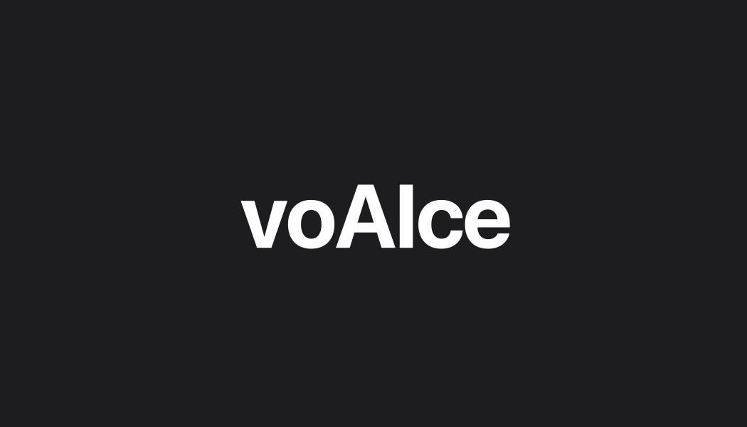 Business card front: white voAIce wordmark centered on ink